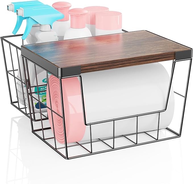 Trash Bag Holder Dispenser 2-Pack, Under Sink Organizer with Wood Lid & Wall Mount, Large Capacity for 13 Gallon Kitchen Trash Bags, Plastic Bag Storage for Laundry Room and Pantry Organization