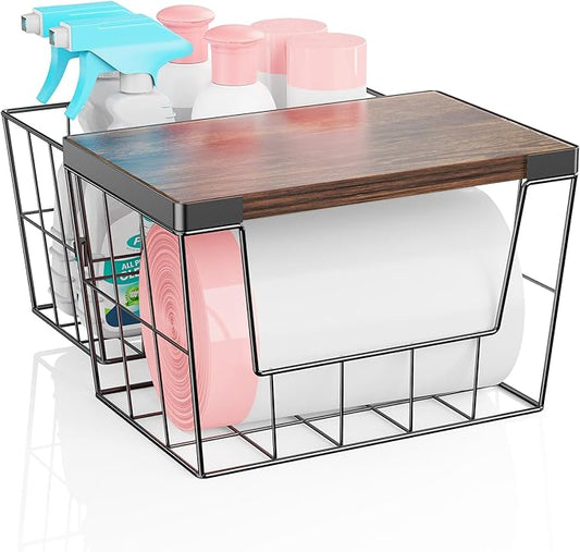 Trash Bag Holder Dispenser 2-Pack, Under Sink Organizer with Wood Lid & Wall Mount, Large Capacity for 13 Gallon Kitchen Trash Bags, Plastic Bag Storage for Laundry Room and Pantry Organization