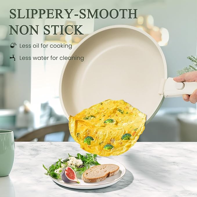 KIKCOIN Pots and Pans Set Nonstick, Ceramic Cookware Set Detachable Handle, Induction Kitchen Cookware Set with Removable Handle, Healthy Non Stick RV Cookware, Dishwasher ＆ Oven Safe, PFOA Free