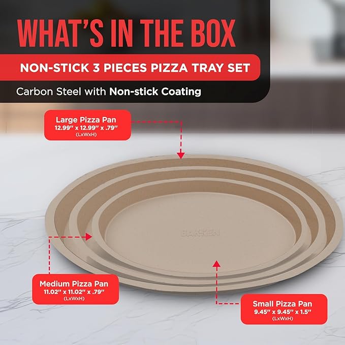 White Marble Non Stick Pizza Pans Set of 3 – Carbon Steel Pizza Baking Trays (9.45", 11.02", 12.99") for Oven Use, Durable, PFOA, PFOS, PTFE Free, Dishwasher Safe, Stain-resistant, Easy Cleanup