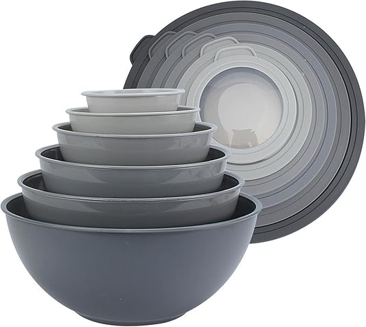COOK WITH COLOR Mixing Bowls Set with TPR Lids - 12 Piece Plastic Nesting Bowls Set includes 6 Prep Bowls and 6 Lids, Microwave Safe (Grey)