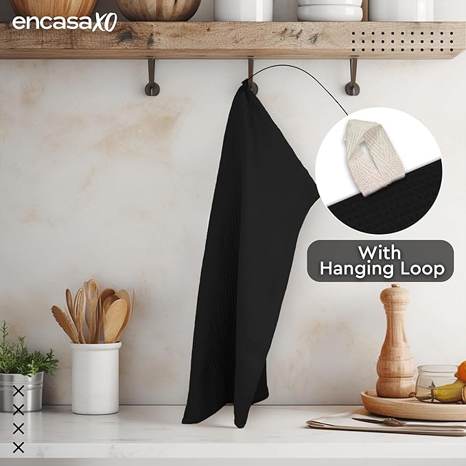 Encasa XO Kitchen Dish Towels Set | Black | Waffle Weave and Flat Hand Tea Towel | 28"x18" | Quick Drying Reusable Cotton Washcloths | Multipurpose Lightweight Dishcloths Set of 4