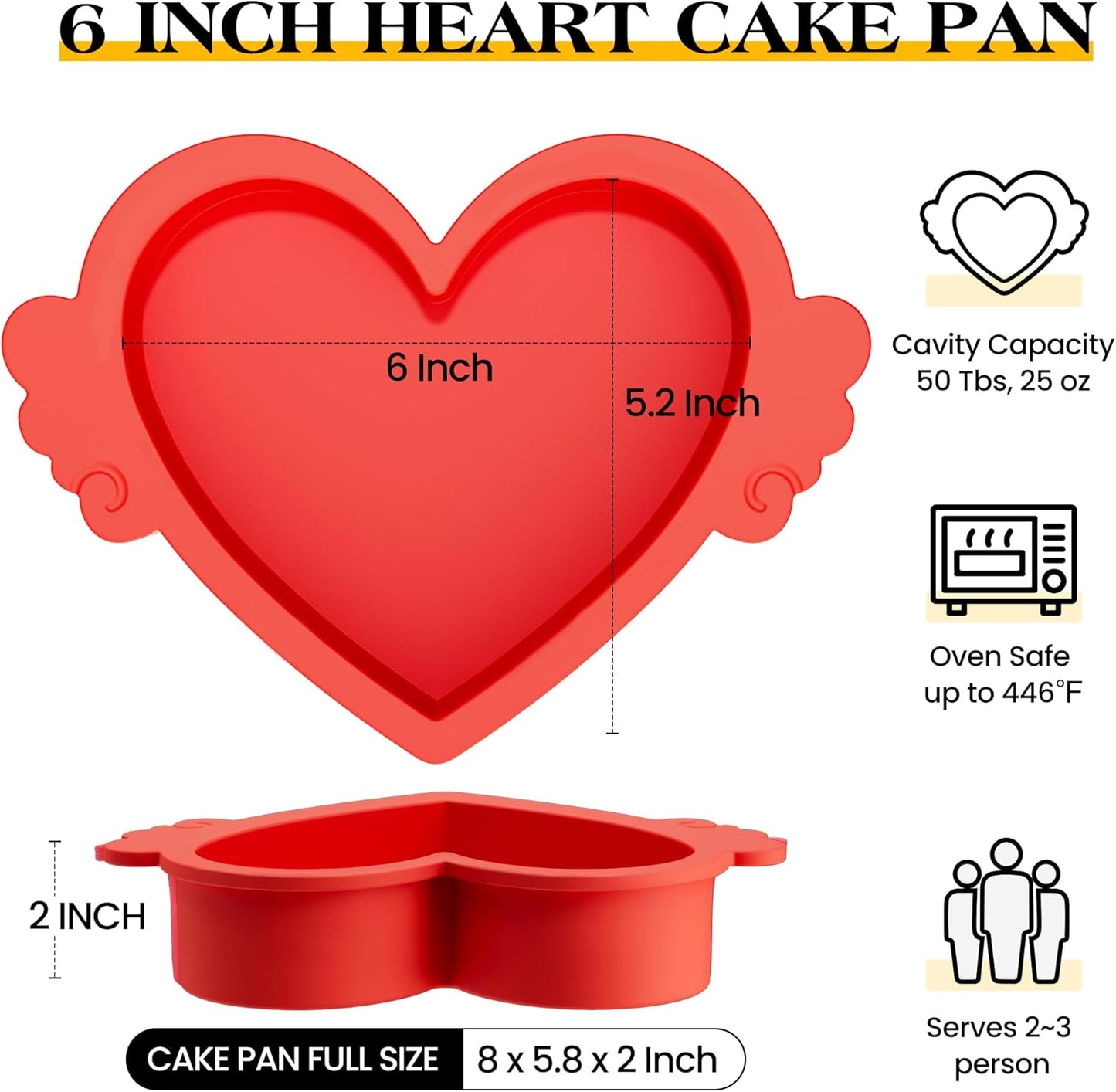 6 Inch Heart Shaped Cake Pans with Metal Reinforced Frame Nonstick Small Heart Cake Pans Silicone heart Molds for Baking Set of 2 (Red)