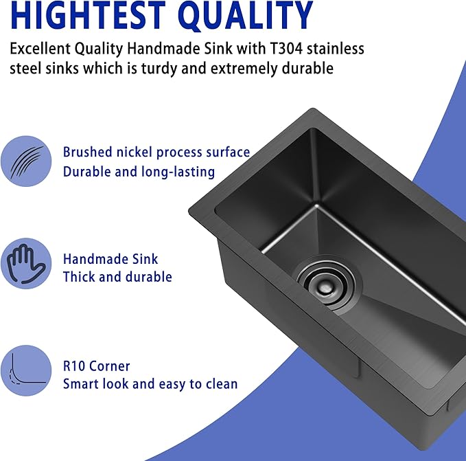 10x18x8 Inch Black Undermount Bar Sink, Deep Single Bowl Compact RV & Prep Sink, 18 Gauge T304 Stainless Steel with Drain Strainer