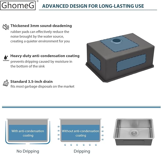 Undermount Kitchen Sink 26 Inch - GhomeG Deep Single Bowl 26x18x9 Inch kitchen sink 16 Gauge Stainless Steel Under Counter Kitchen Sink Basin With R10 Round Corners