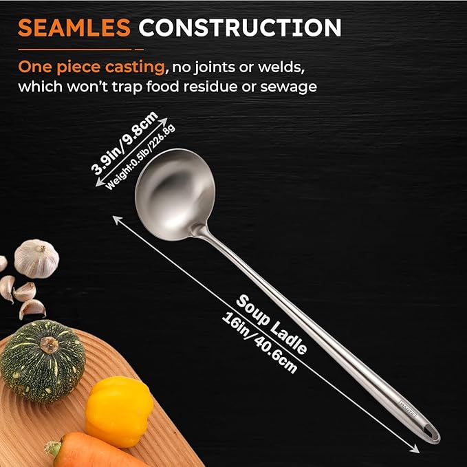 MARTE 16’’ Soup Ladle, 304 Stainless Steel Deep Ladle Spoon, [Rustproof, Integral Forming, Heat-Resistant] Metal Cooking Spoon,High-Grade Kitchen Tool for Service-Ergonomic Long Handle-Dishwasher Safe