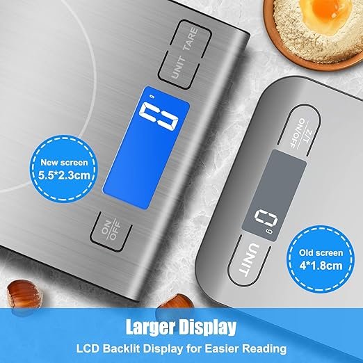 33lb Rechargeable Food Scale, Diyife 304 Stainless Steel Digital Kitchen Scale with 3 Buttons, Weight Grams and Ounces for Baking, Cooking, 5 Units with Tare Function, LCD Display, 2 AAA Batteries