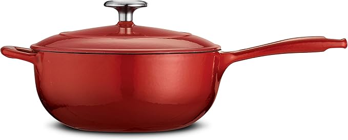 Tramontina Bestow Enameled Cast Iron Saucier Pan with Lid, 3-quart, Red