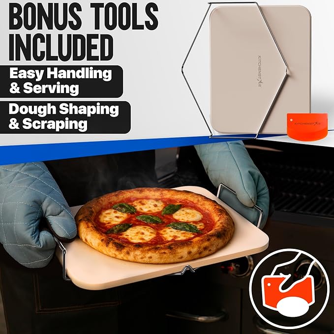 KitchenStar 15x12-inch Pizza Stone for Oven & BBQ Grill with Handles, Rectangular, 5/8" Thick - Natural Cordierite, 1800°F Resistant, Baking Stone Set with Stainless Steel Rack & Plastic Scraper Tool
