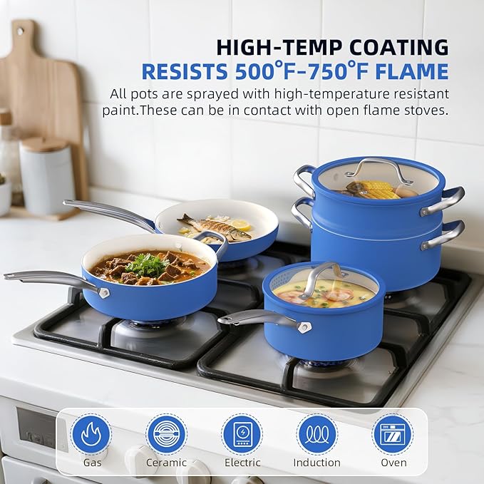 15 Pcs Pots and Pans Set Non Stick, Ceramic Cookware Set with Steamer, Non-Toxic Kitchen Cooking Set with Stay-Cool Ergonomic Handles, Oven & Dishwasher Safe, PFOS & PFOA Free (Cobalt Blue)