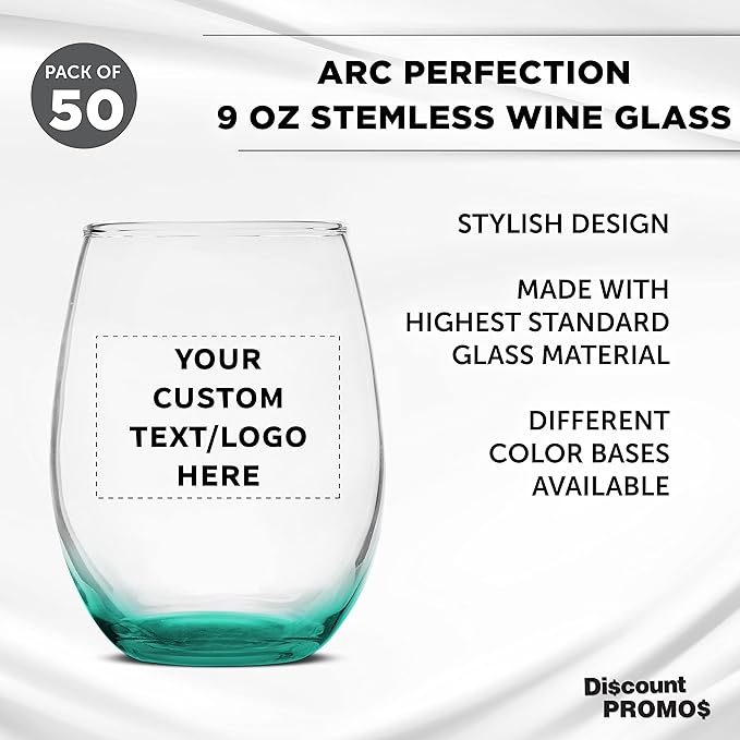 Custom Stemless Wine Glass 9 oz. Set of 50, Personalized Bulk Pack - Great for Wedding Favors, Bachelorette Party Decorations, Party Favors, Color Bottom - Green