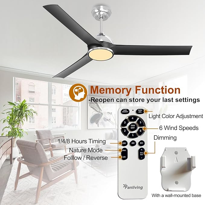 52 Inch Black Ceiling Fan with Lights Remote Control,Quiet DC Motor/Dimmable 3 Colors LED/6 Speed High CFM/3 Blade Indoor Ceiling Fan for Bedroom Living Dining Room or Outdoor Porch