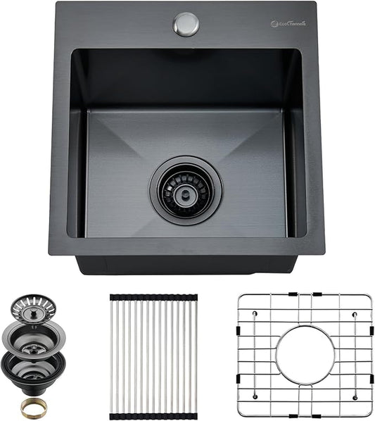 Drop In Kitchen Sink, 15 x 15 Inch Single Bowl Topmount Bar Prep Sink 16 Gauge T-304 Stainless Steel Gunmetal Black Kitchen Sinks