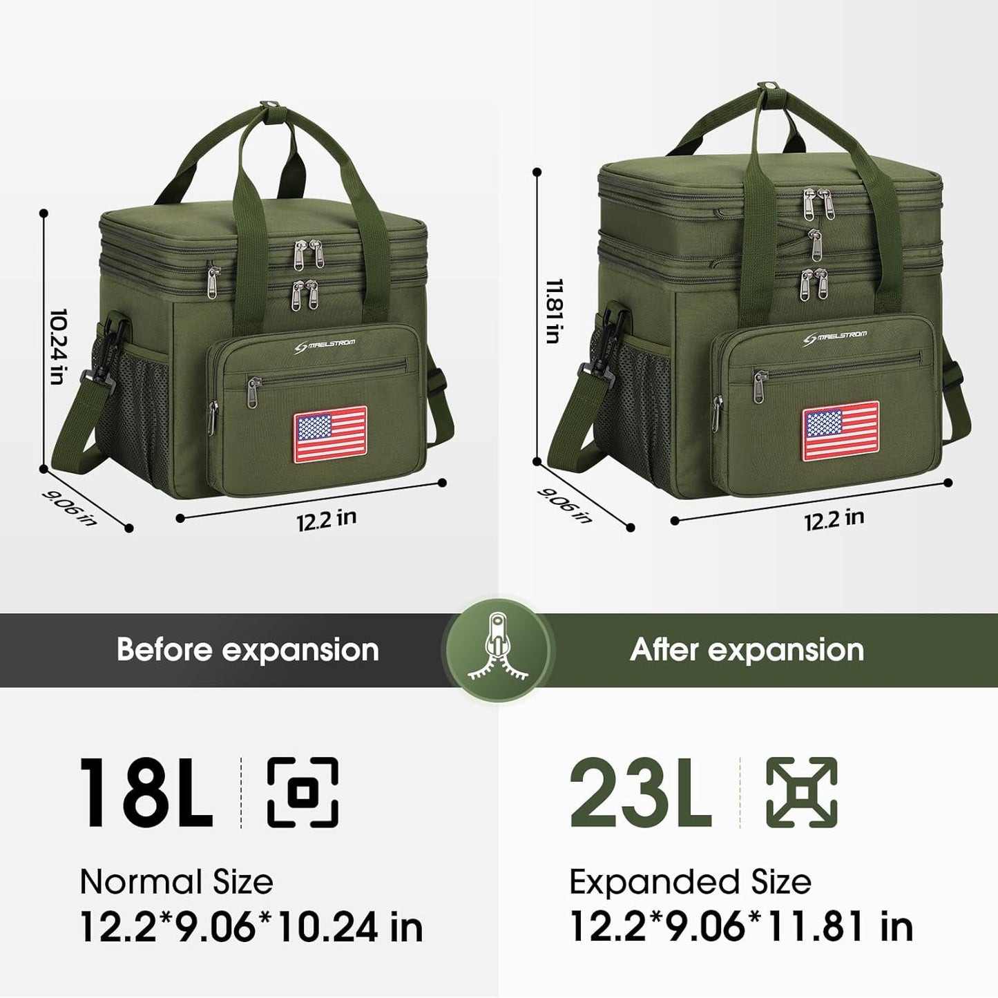 Maelstrom Tactical Lunch Box for Men, 23L Insulated Lunch Bag, Expandable Double Deck Cooler Bag, Lightweight Leakproof Tote Bag With Side Tissue Pocket, Suit For Men and Women, Army Green