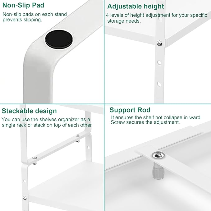 Redrubbit Expandable Cabinet Shelf Organizers, Stackable Kitchen Counter Shelves Spice Rack for Kitchen Bathroom Pantry Cupboard Desk Home Office, Metal Plate Heavy Duty Nonslip White, Set of 2