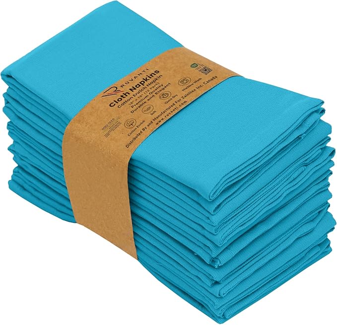Ruvanti Cloth Napkins set of 12, 18x18 Inches Napkins Cloth Washable, Soft, Durable, Absorbent, Cotton Blend. Table Dinner Napkins Cloth for Hotel, Lunch, Restaurant, Wedding Event, Parties - Sky Blue