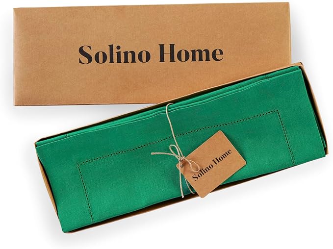 Solino Home Linen Cloth Placemats Set of 4-100% Pure Linen Hemstitch Emerald Green Placemats 14 x 19 Inch - Classic Hemstitch Table Place Mats for Christmas