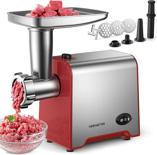 Electric Meat Grinder, Sausage Stuffer Maker 450W Food Grinder with Blade & 3 Plates, Sausage Stuffer Tubes & Kubbe Kit, Stainless Steel Meat Mincer Machine for Home Kitchen Use (Red)