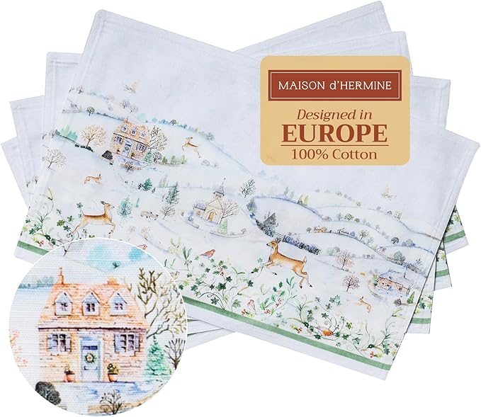 Maison d' Hermine Placemats Set of 4 100% Cotton Washable Cloth Place Mats, Reusable Table Mats for Thanksgiving Christmas Decorations Kitchen Dining Party Wedding Restaurant (Snowy World, 13" x 19")
