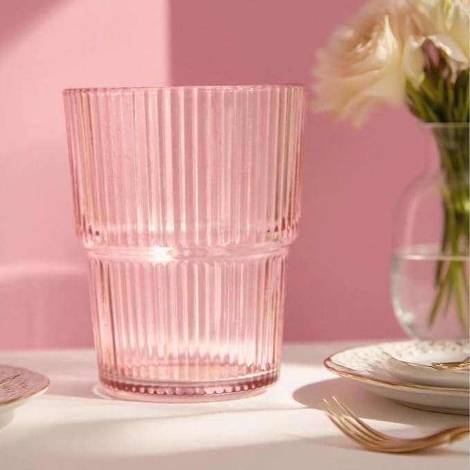 Ribbed Drinking Cups Set of 4-14oz Pink Highball Glass, Stackable Vintage Tumblers for Cocktails, Iced Coffee, Juice & Water, Elegant Everyday Glassware
