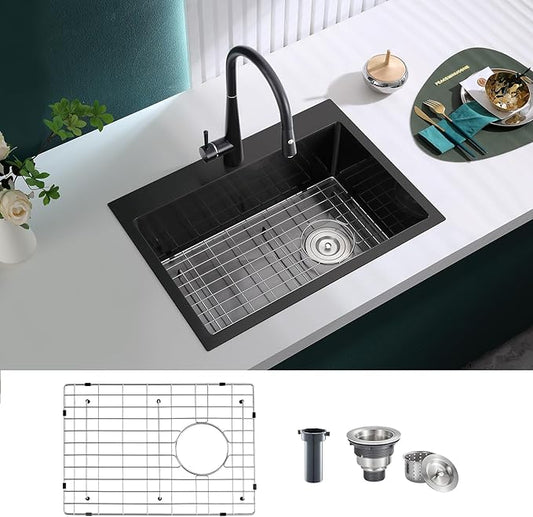 22 inch Drop-in Black Kitchen Sink Single Bowl, Topmount Kitchen Sink with Protective Bottom Grid, Overmount 304 Stainless Steel Kitchen Bar Sink Handmade with Basket Strainer, 22×18×9 inch