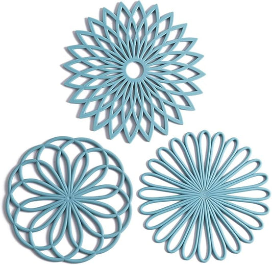 Set of 3 Silicone Trivet Mat - Non-Slip & Heat Resistant Modern Kitchen Hot Pads for Table & Countertop - Trivet for Hot Dishes, Turquoise