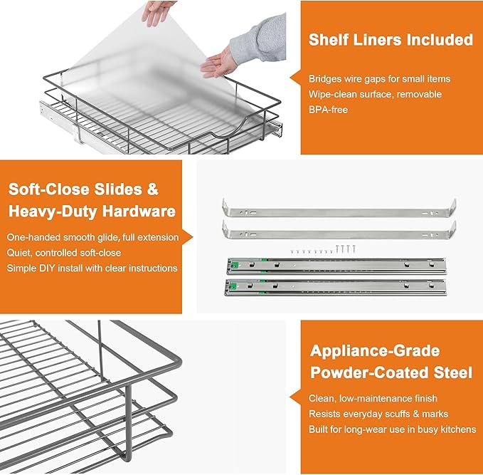 ALINE FURNITURE Pull Out Shelves - 20" W x 22" D Soft Close Pull Out Cabinet Organizer 1 Tier - Slide Out Drawers with Shelf Liner, Heavy Duty Steel Wire Baskets for Kitchen Cabinets, Pantry, Bathroom