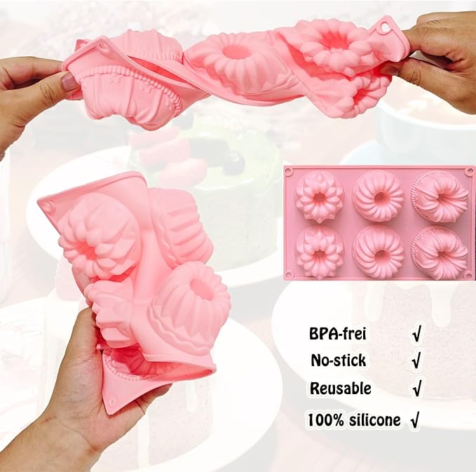 3pcs Mini Bundt Cake Pan,6-Cavity Fluted Tube Cake Pan,Silicone Cupcake Molds for Baking, Nonstick Cupcakes Mold for chocolate/Brownie/Jello