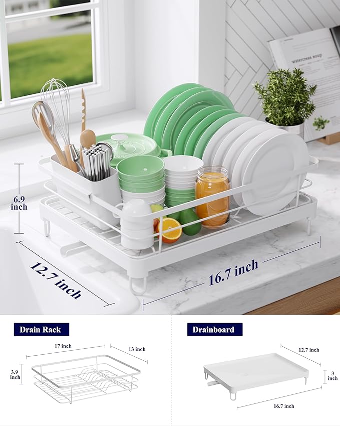 Kitsure Dish Drying Rack for Kitchen Counter, Stainless Steel Sink Organization and Storage Essentials with Cutlery Holder, Home and Appartment Decor, 12.7''W x 16.7''L, White