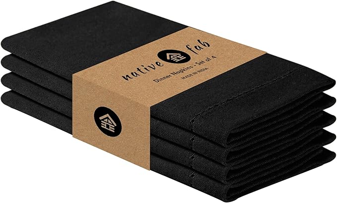 Native Fab Cloth Napkins, Set of 4, 100% Cotton, Hemstitch Mitered Corners, 18"x 18", Soft, Washable, Absorbent, Reusable, Premium Hotel Quality - Events, Wedding, Party, Dinner Napkins - Black