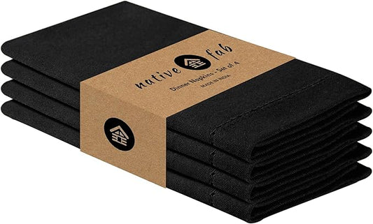 Native Fab Cloth Napkins, Set of 4, 100% Cotton, Hemstitch Mitered Corners, 18"x 18", Soft, Washable, Absorbent, Reusable, Premium Hotel Quality - Events, Wedding, Party, Dinner Napkins - Black