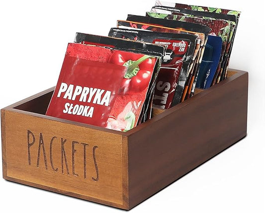 Packet Organizer, Acacia Wood Packet Storage Organizer with 3 Compartments,Farmhouse Kitchen Organization for Spice, Gravy, Taco, and Dressings Packets for Kitchen (Brown Label PACKETS)