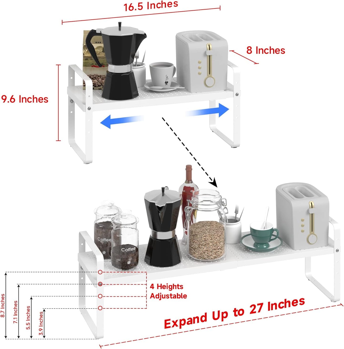 Expandable Cabinet Shelf Organizer Adjustable Metal Spice Rack Stackable Freestanding Counter Storage Shelves for Kitchen Cabinet Under Sink Office Desk (White - 2Pack - L16.5-27'' * W8'' * H9.6'')