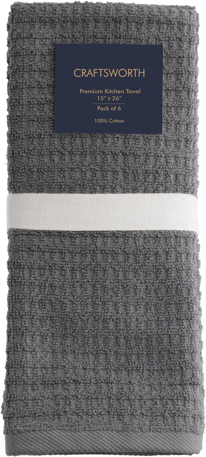 CRAFTSWORTH Kitchen Towels, 15 x 26 Inches, Pack of 6, 400 GSM, 100% Ring Spun Cotton, Solid Grey Dish Towels Super Soft and Absorbent, Tea Towels and Bar Towels