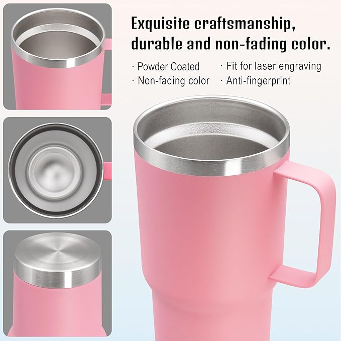20 oz Tumbler with Handle and Lid, Stainless Steel Tumbler Insulated Travel Coffee Mug, Spill Proof Double Wall Vacuum Tumbler Cup Keep Drink Hot & Cold, Pink, 1 Pack