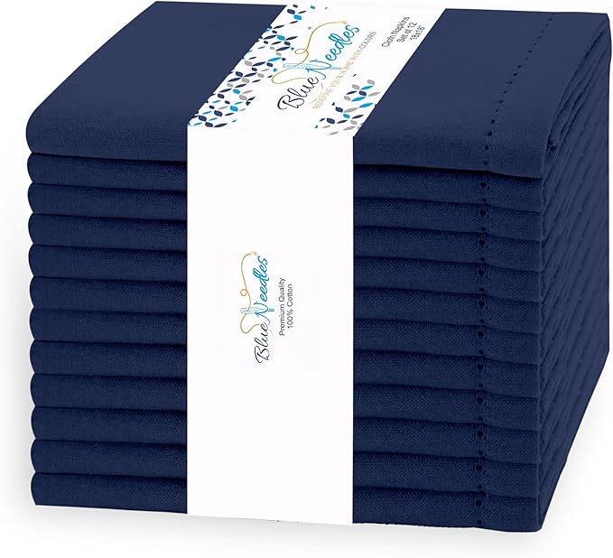 Blue Needles Navy Blue Hemstitch Linen Napkins Set of 12-100% Cotton Cloth Dinner Napkins 18x18 inches, Soft, Reusable, Absorbent, Washable Ideal for Fall Thanksgiving Events, Parties & Everyday Use