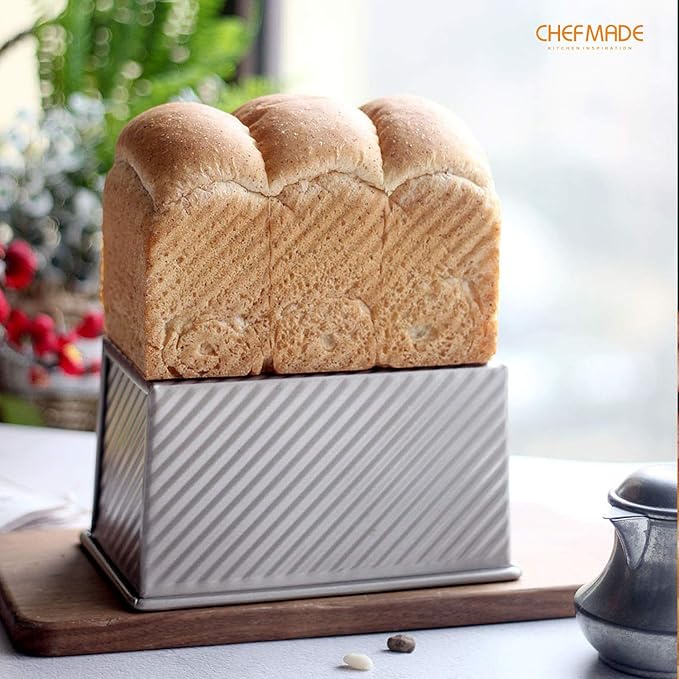 CHEFMADE Pullman Loaf Pan with Lid, 1Lb Dough Capacity Non-Stick Rectangle Corrugated Toast Box for Oven Baking 4.2" x 7.7"x 4.4"(Champagne Gold)