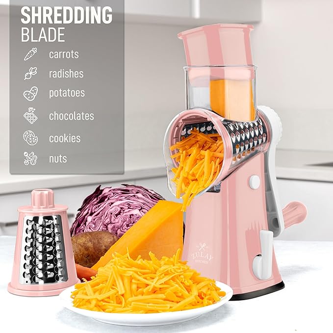 Zulay Kitchen Rotary Cheese Grater 5 Blade Cheese Shredder - Manual Hand Crank Cheese Grater With Reinforced Suction & 5 Interchangeable Drums - Easy to Use, Vegetable Chopper Round Mandoline Slicer