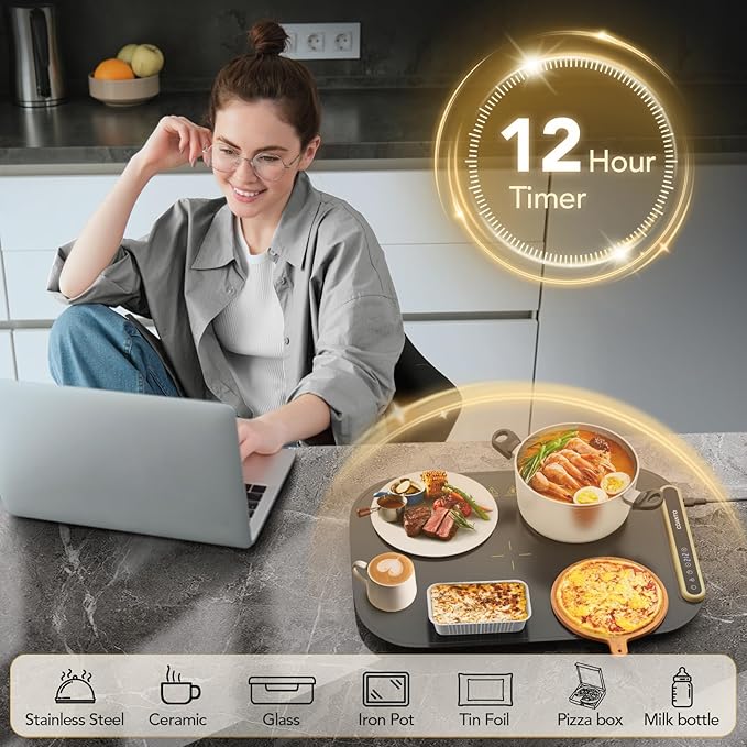 Coanto Food Warming Mat, Electric Warming Tray for Buffets & Parties, Silicone Heating Mat with 7 Temperature Settings, Roll-Up Storage, 17.91"x12.8", Black