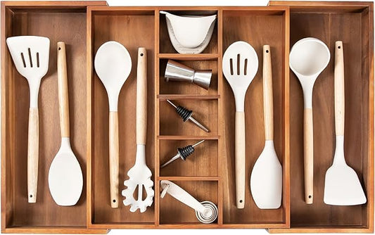 KitchenEdge Adjustable Kitchen Drawer Organizer for Utensils and Junk, Food-Safe Contract Grade with 100% Sustainable Wood, Non-Slip, Expandable from 16" to 28" Wide - Natural Acacia