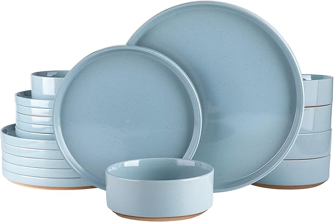 AmorArc Ceramic Dinnerware Set for 6 | Speckled Stoneware Plates and Bowls with Rustic Terracotta Underside| Scratch Resistant,Dishwasher & Microwave Safe Dishes Sets- 18pcs Blue