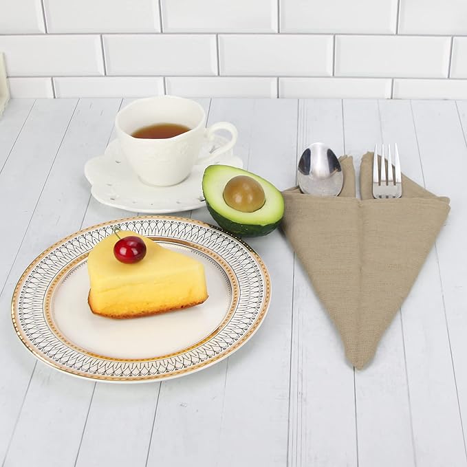 Solid Color Linen Blended Thin Dinner Cloth Napkins - Set of 12 (40 x 40 cm) - for Events & Home Use (Khaki)