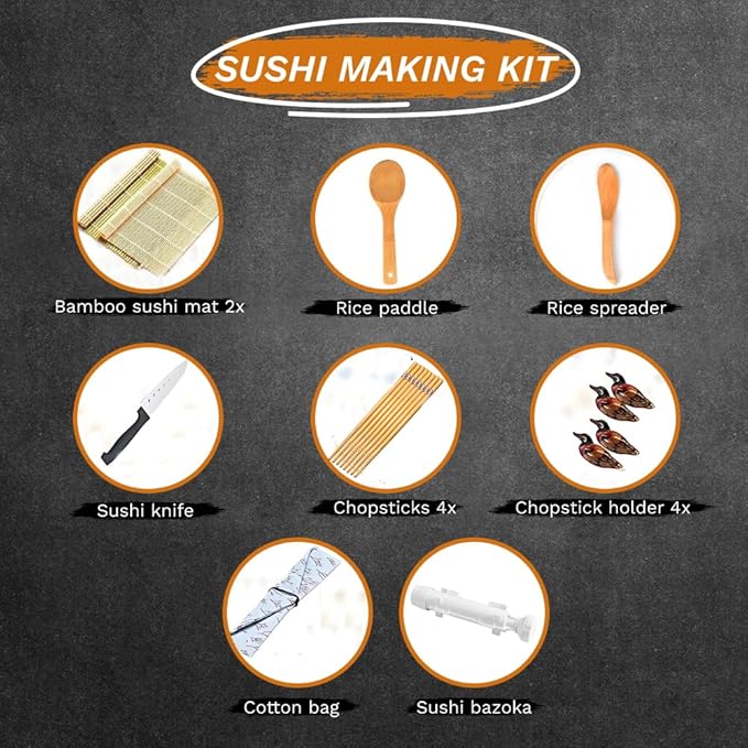 Sushi Making Kit for Beginners Sushi Bazooka Maker with Bamboo Mats, Sushi Knife, Paddle, Spreader and Chopsticks Sushi Making Tools Easy Sushi Maker Set DIY Sushi Roller Machine Tool Kitchen Utensil