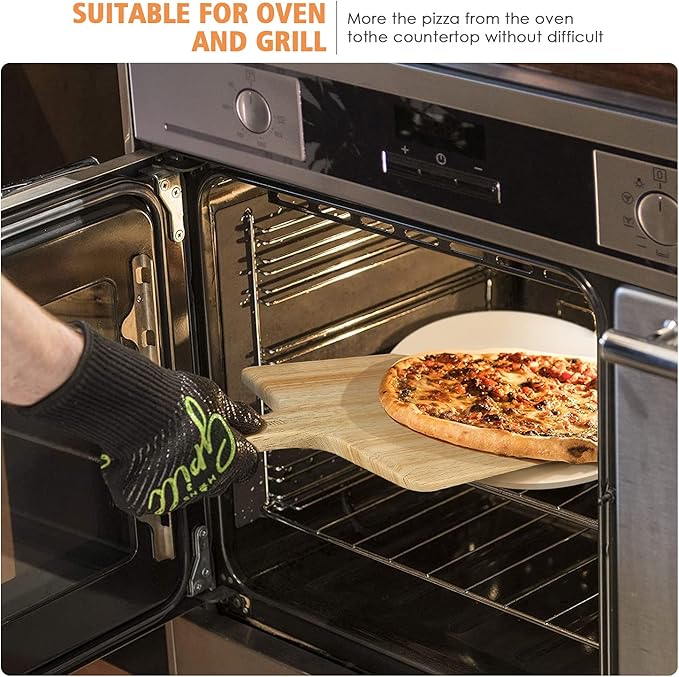 5 PCS Round Pizza Stone Set, 13" Pizza Stone for Oven and Grill with Pizza Peel(OAK),Serving Rack, Pizza Cutter & 10pcs Cooking Paper for Free, Baking Stone for Pizza, Bread