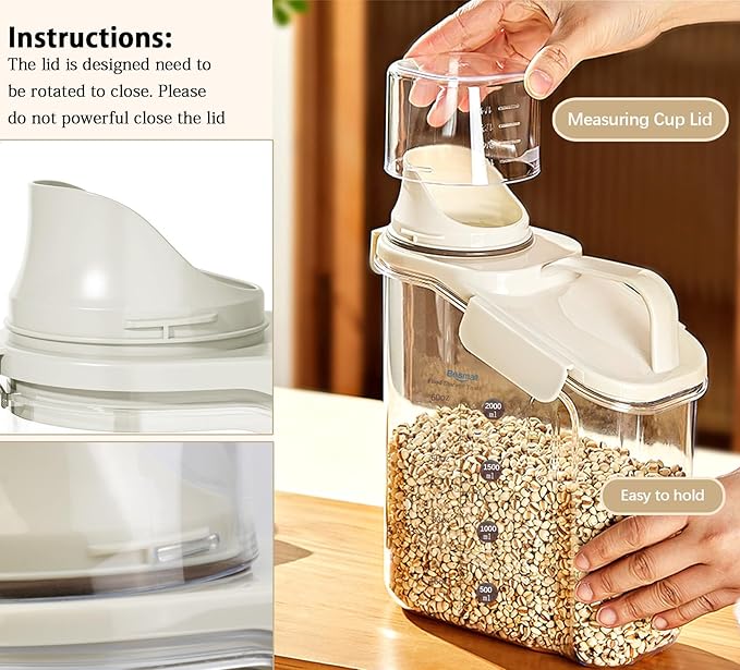 Cereal Containers Storage,2L Airtight Large Dry Food Storage Containers with Pouring Spout, Measuring Cup for Flour and Grain,BPA Free Plastic Dispenser