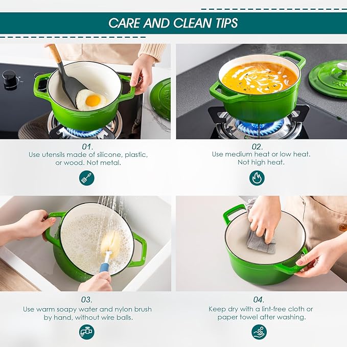 vancasso Enameled Cast Iron Dutch Oven, 2.5 QT Green Naturally Non-Stick Casserole Dish Cookware, with Stainless Steel Knob Lid Cast Iron Casserole for Steam Braise Bake Broil Saute Simmer Roast