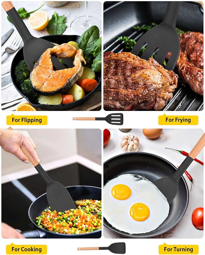 Pack of 2 Silicone Cooking Spatula, Heat Resistant Solid Turner, Non Stick Slotted Spatulas with Wooden Short Handle,Ideal Wood Kitchen Utensils Set for Frying, Baking, Flipping, Turning