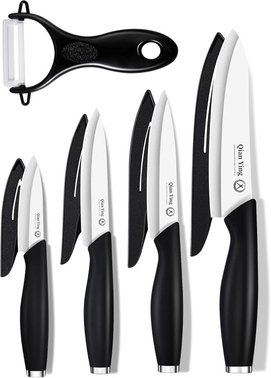 Ceramic Knife Set for Kitchen with Sheath: 100% Zirconia Pure Ceramic Sharp Blade Fruit Cutting Knives 9Pcs with Cover Rustproof Clean Cut Edge Black Handle, No Scratches on Titanium Cutting Boards