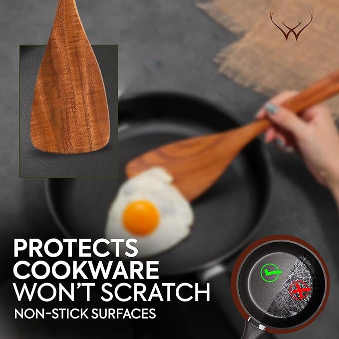 12 Pcs Wooden Cooking Utensils Set – Luxury Wooden Kitchen Utensils with Holder, Versatile Wooden Spoons for Cooking & Durable Teak Wood Utensil Set for Modern Home - Cooking spoons with Spatula