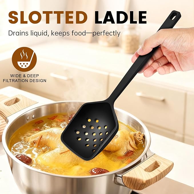 4 Pcs Silicone Cooking Utensils Set, Heat Resistant Silicone Spatulas Include Solid & Pancake Turner, Solid & Slotted Soup Ladle, Kitchen Utensils set for Non-Stick Pans, for Frying Draining Flipping
